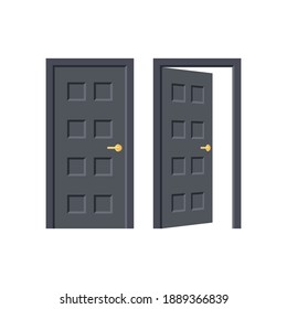 Black door. Entrance or exit. Doorway concept. Open and close door isolated on white background. Flat style. Vector illustration