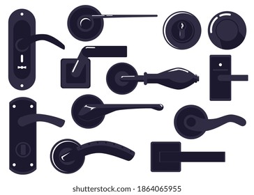 Black door handle set in different shapes and styles - cartoon lever and key lock collection for doorway decoration. Vector illustration isolated on white background.