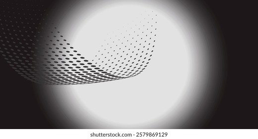 Black dot circle texture white wall background wide banner format with copy space for text. Circular black and white texture

