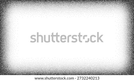 Black dot grain stipple noise vector frame creating a grunge texture effect. Abstract halftone design element for creative graphic projects.