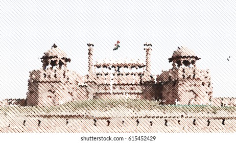 black dot halftone background of Red Fort Delhi 