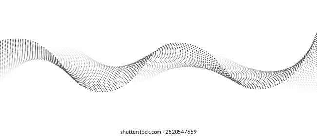 Black dot halftone wave lines on white background. Abstract particle wallpaper of wavy lines. Gradient curve energy of signal. Circle shape dotted pattern, Polka dots for poster, banner.