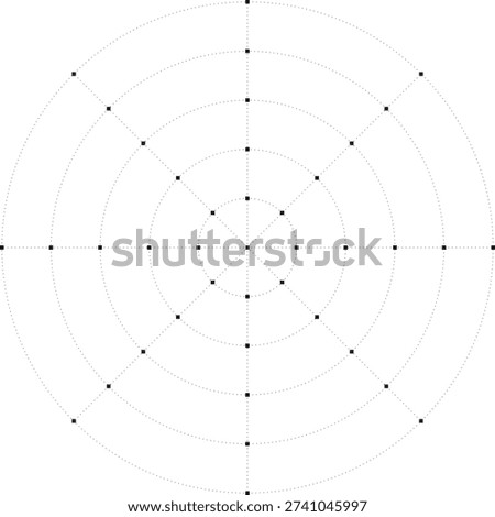 Black dot radial grid texture with squares on white background. FUI science round grid backdrop. Math or technological notebook blank circular sheet.