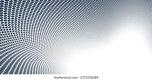 Black dots in 3D perspective vector abstract background, monochrome dotted pattern cool design, wave stream of science technology or business blank template for ads.