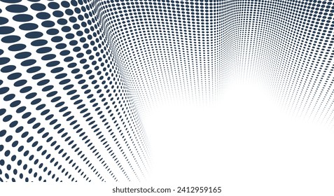 Black dots in 3D perspective vector abstract background, monochrome dotted pattern cool design, wave stream of science technology or business blank template for ads.