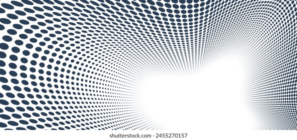 Black dots in 3D perspective vector abstract background, monochrome dotted pattern cool design, wave stream of science technology or business blank template for ads.