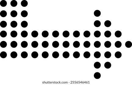 Black dots arranged in rows and columns create a right pointing arrow against a clean white backdrop, symbolizing direction, guidance, or progress