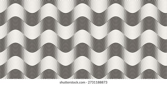 Schwarze Punkte in sinusförmigen, nahtlosen Wellenmustern auf weißem Hintergrund. Abstraktes optisches Illusionsdesign mit variierender Punktgröße, das Bewegung, Tiefe und visuellen Rhythmus erzeugt.