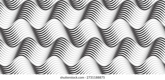Pontos pretos dispostos em padrões de onda sinusoidal sem emenda no fundo branco. Projeto de ilusão óptica abstrata com tamanho de ponto variável, criando movimento, profundidade e ritmo visual.