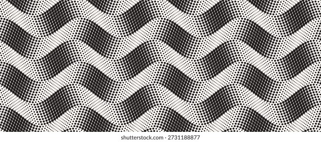 Pontos pretos dispostos em padrões de onda sinusoidal sem emenda no fundo branco. Projeto de ilusão óptica abstrata com tamanho de ponto variável, criando movimento, profundidade e ritmo visual.