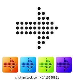 Black Dots arrow icon isolated on white background. Halftone arrow. Dotted arrow sign. Set icon in color square buttons. Vector Illustration