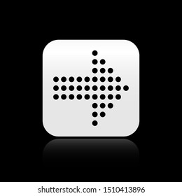 Black Dots arrow icon isolated on black background. Halftone arrow. Dotted arrow sign. Silver square button. Vector Illustration