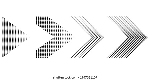 black dots arrows. Arrow icon collection. Halftone dots background. Fade abstract pattern. Stock image. EPS 10.