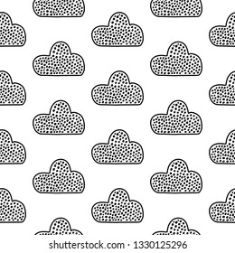 Black dots cloud on white font hand drawn seamless pattern cartoon minimalism