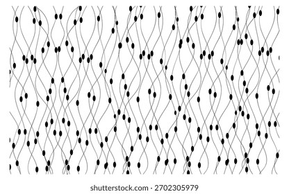 Black dots connected by curved lines form an abstract pattern creating a dynamic and modern design suitable for backgrounds, textiles, or digital art projects offering a simple yet elegant visual.