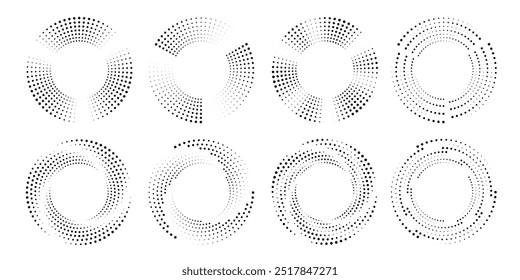 Black dots create circle on white background, Set abstract modern halftone pattern, Polka dots or logo icon, Spiral design elements arranged in geometric rows, Vector illustration