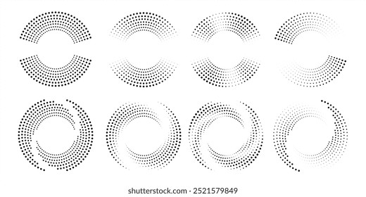 Black dots create circle white background, Set abstract modern halftone pattern, Polka dots or design logo icon, Spiral design elements arranged in geometric rows, Vector illustration.