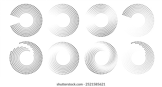 Los puntos negros crean el fondo blanco circular, el modelo moderno del semitono, los lunares o el icono del logotipo, Elementos de diseño espirales arreglados en filas geométricas, Ilustración vectorial punteada Abstractas.