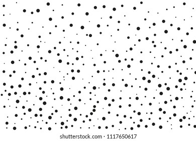 Black dots of different sizes on a white background. Abstract spray pattern. Vector illustration. Black glitter blow explosion and splats on white. Grunge texture. 