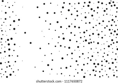 Black dots of different sizes on a white background. Abstract spray pattern. Vector illustration. Black glitter blow explosion and splats on white. Grunge texture. 