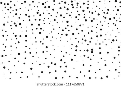 Black dots of different sizes on a white background. Abstract spray pattern. Vector illustration. Black glitter blow explosion and splats on white. Grunge texture. 