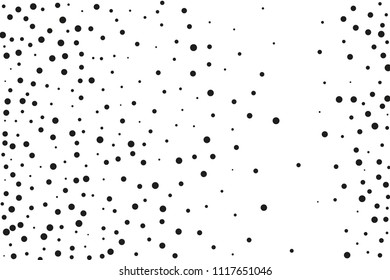 Black dots of different sizes on a white background. Abstract spray pattern. Vector illustration. Black glitter blow explosion and splats on white. Grunge texture. 