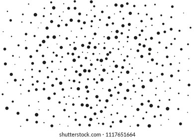 Black dots of different sizes on a white background. Abstract spray pattern. Vector illustration. Black glitter blow explosion and splats on white. Grunge texture. 