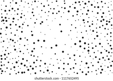 Black dots of different sizes on a white background. Abstract spray pattern. Vector illustration. Black glitter blow explosion and splats on white. Grunge texture. 