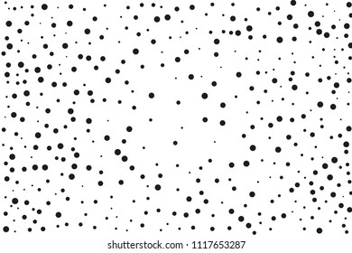 Black dots of different sizes on a white background. Abstract spray pattern. Vector illustration. Black glitter blow explosion and splats on white. Grunge texture. 