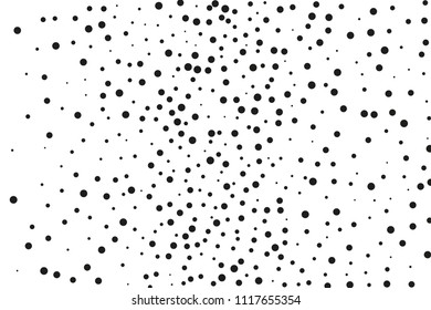 Black dots of different sizes on a white background. Abstract spray pattern. Vector illustration. Black glitter blow explosion and splats on white. Grunge texture. 