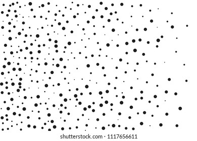 Black dots of different sizes on a white background. Abstract spray pattern. Vector illustration. Black glitter blow explosion and splats on white. Grunge texture. 