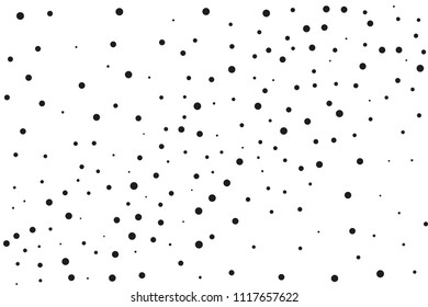 Black dots of different sizes on a white background. Abstract spray pattern. Vector illustration. Black glitter blow explosion and splats on white. Grunge texture. 