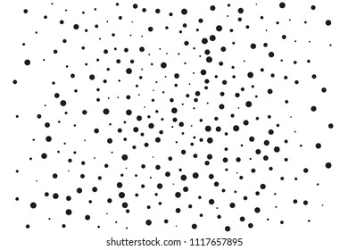 Black dots of different sizes on a white background. Abstract spray pattern. Vector illustration. Black glitter blow explosion and splats on white. Grunge texture. 