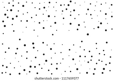 Black dots of different sizes on a white background. Abstract spray pattern. Vector illustration. Black glitter blow explosion and splats on white. Grunge texture. 