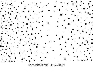 Black dots of different sizes on a white background. Abstract spray pattern. Vector illustration. Black glitter blow explosion and splats on white. Grunge texture. 