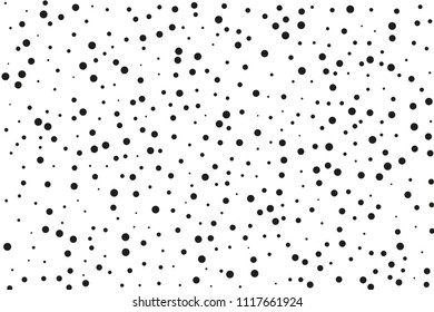 Black dots of different sizes on a white background. Abstract spray pattern. Vector illustration. Black glitter blow explosion and splats on white. Grunge texture. 