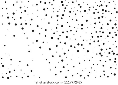 Black dots of different sizes on a white background. Abstract spray pattern. Vector illustration. Black glitter blow explosion and splats on white. Grunge texture. 