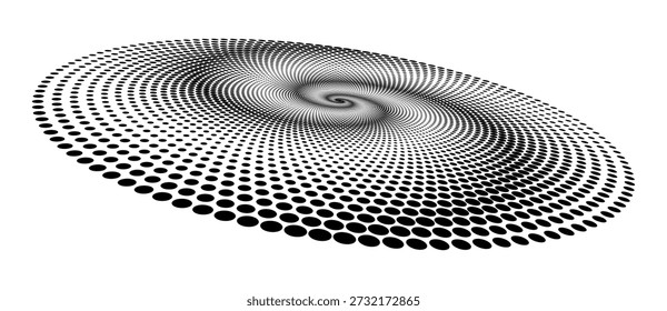 Black dots form a spiral on white background. Abstract radial pattern with depth, motion, distortion, and perspective. Ideal for branding, tech, UI, infographic, or minimalist design.