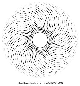 Black dots on half circle paths forming a pattern. Circle with dots in different sizes with a hole in the center. Isolated black and white illustration, on white background. Vector.
