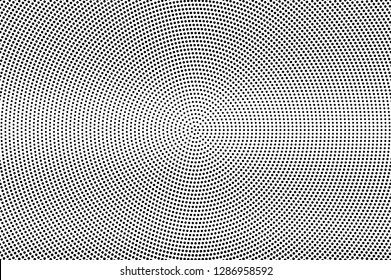 Black dots on white background. Smooth perforated surface. Grey halftone vector texture. Horizontal dotwork gradient. Monochrome halftone overlay for vintage design. Pop art style dot texture card