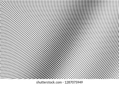 Black dots on white background. Abstract perforated surface. Radial halftone vector texture. Diagonal dotwork gradient. Monochrome halftone overlay for vintage design. Pop art style dot texture card