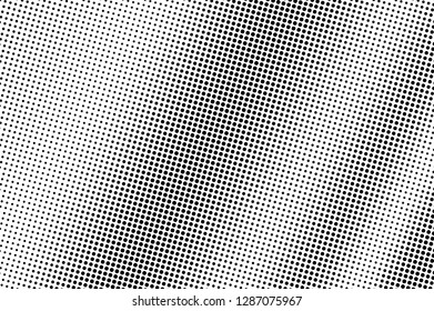 Black dots on white background. Smooth perforated surface. Centered halftone vector texture. Diagonal dotwork gradient. Monochrome halftone overlay for vintage design. Pop art style dot texture card
