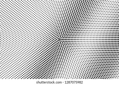 Black dots on white background. Sparse perforated surface. Centered halftone vector texture. Diagonal dotwork gradient. Monochrome halftone overlay for vintage design. Pop art style dot texture card