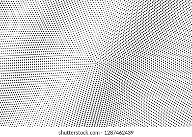 Black dots on white background. Pale perforated surface. Faded halftone vector texture. Diagonal dotwork gradient. Monochrome halftone overlay for vintage design. Pop art style dot texture card