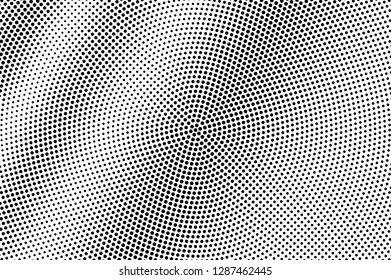 Black dots on white background. Grunge perforated surface. Centered halftone vector texture. Diagonal dotwork gradient. Monochrome halftone overlay for vintage design. Pop art style dot texture card