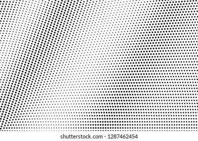 Black dots on white background. Abstract perforated surface. Faded halftone vector texture. Diagonal dotwork gradient. Monochrome halftone overlay for vintage design. Pop art style dot texture card