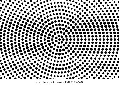 Black dots on white background. Abstract perforated surface. Grunge halftone vector texture. Centered dotwork gradient. Monochrome halftone overlay for vintage design. Pop art style dot texture card