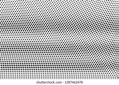 Black dots on white background. Dotted perforated surface. Contrast halftone vector texture. Horizontal dotwork gradient. Monochrome halftone overlay for vintage design. Pop art style dot texture card
