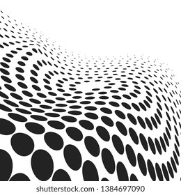 Black dots placed on spiral path that makes a bended surface illusion. Spotted halftone vector background.