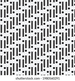 Black dots and triangles pattern design on white background. Seamless pattern design. Used for wallpaper, decoration, textiles, web design, backgrounds and more.